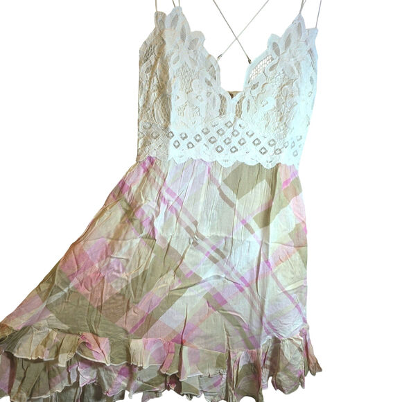 FP Intimately Free People Adella Mini Slip Dress Sz Large Pink Plaid  Ruffle $98 - Picture 5 of 16